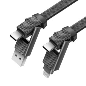 BAZIC GOCHARGE ALUCABLE, 4 IN 1 ALUMINIUM CHARGING CABLE WITH USB A/C INPUT AND USB C/LIGHTNING OUTPUT. PD FAST CHARGE 15CM – BLACK