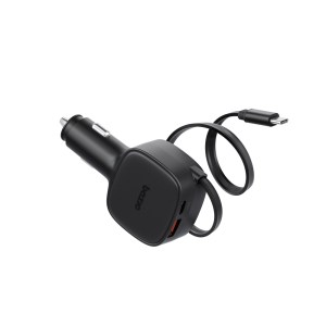 BAZIC GoDrive Loop PD84w Car Charger with 75cm Retractable USB-C Cable – Black